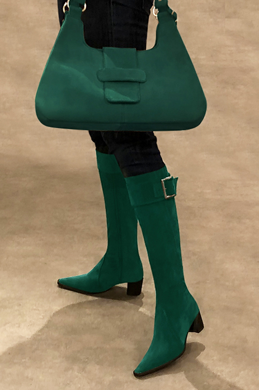 Forest green women's feminine knee-high boots. Tapered toe. Medium block heels. Made to measure. Front view - Florence KOOIJMAN